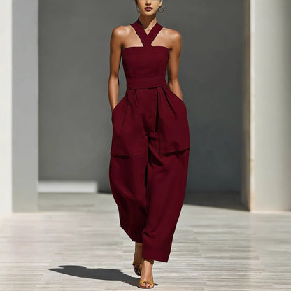 Linen Halter Wide Leg Pocketed Jumpsuit