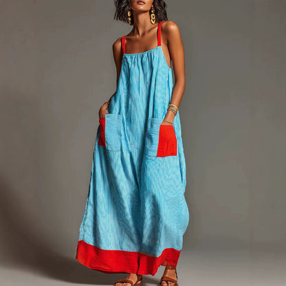 Women's Vacation Linen-Cotton Striped Color Block Spaghetti Strap Maxi Dress with Pockets
