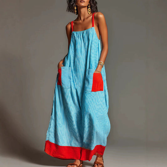 Women's Vacation Linen-Cotton Striped Color Block Spaghetti Strap Maxi Dress with Pockets