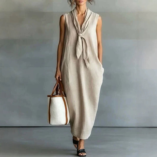 Natural Beige Linen Sleeveless Front Tie Knot Midi Shift Dress