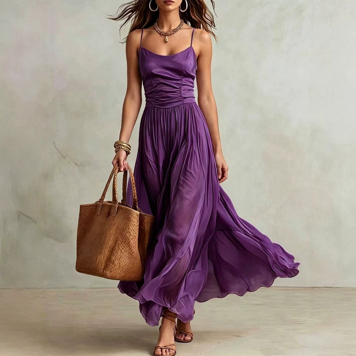 Robe longue à corsage froncé et bretelles spaghetti
