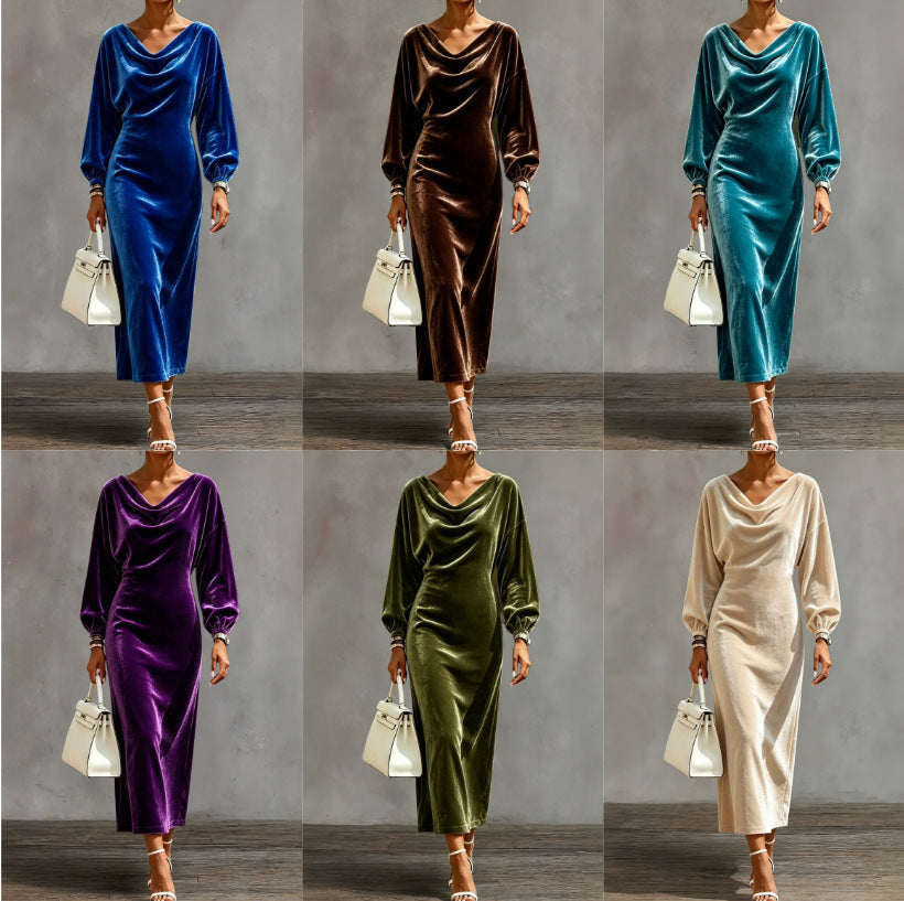 Robe midi en velours à col cache‑cou et manches bouffantes