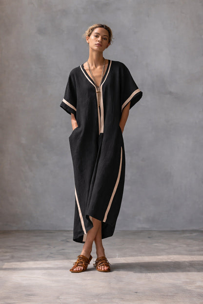 Robe caftan à col V en mélange de lin