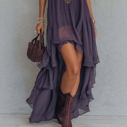 Robe maxi bohème brodée, à col licou et ourlet haut‑bas