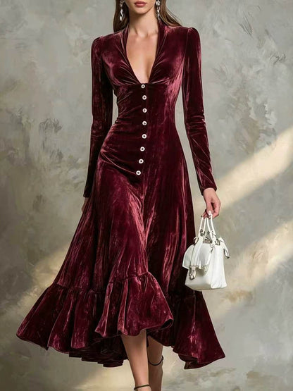 Robe midi en velours boutonnée sur le devant