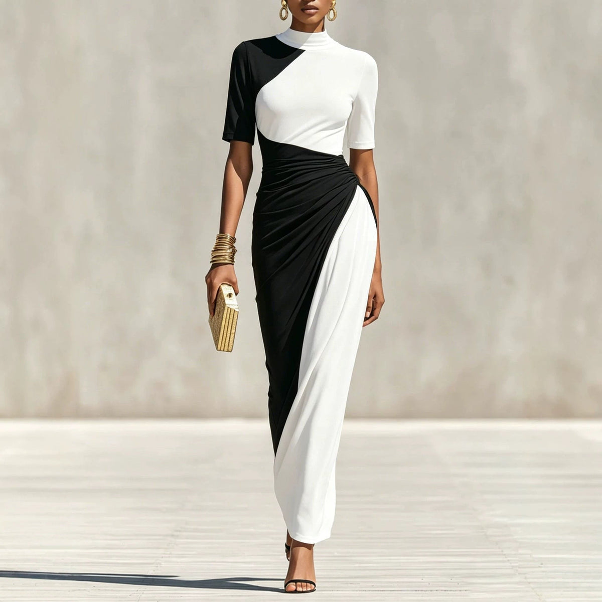 Asymmetrical Color Block Ruched High Neck Midi Bodycon Dress