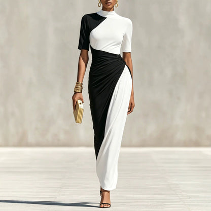 Asymmetrical Color Block Ruched High Neck Midi Bodycon Dress