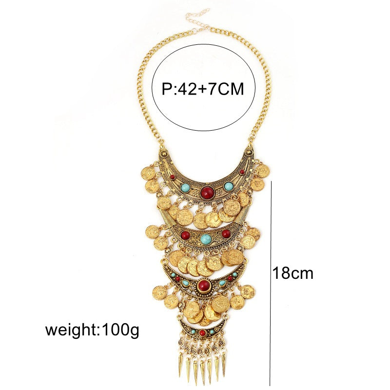 Visland Statement Necklace Exaggerated Round Coins Tassels Colored Turquoise Layered Gift Hypoallergenic Vintage Ethnic