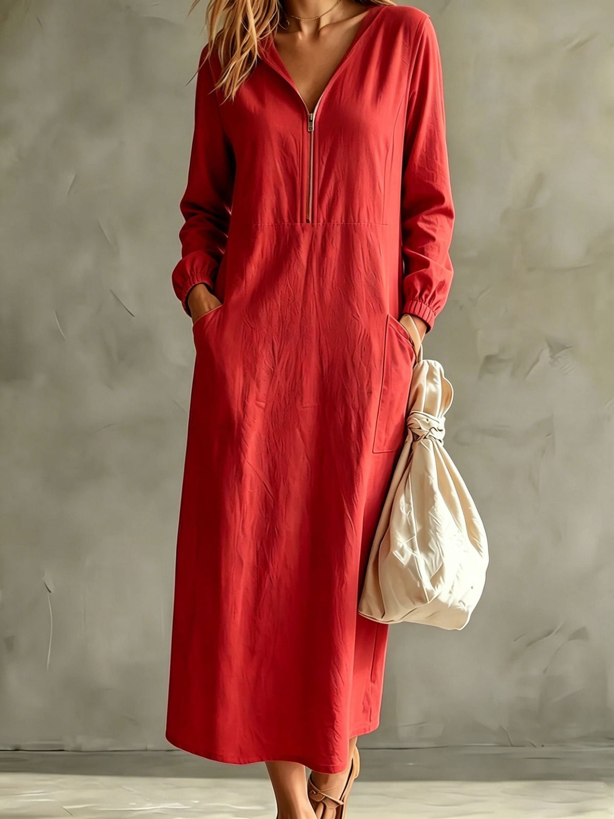 Hooded Zip-Neck Midi Dress