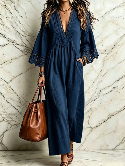 Robe longue bohème en dentelle et col en V pour femme, ample, manches 3/4, pour la plage ou les vacances