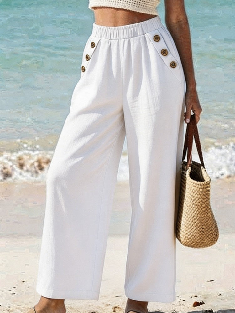 Casual High Waist Button Wide Leg Pants