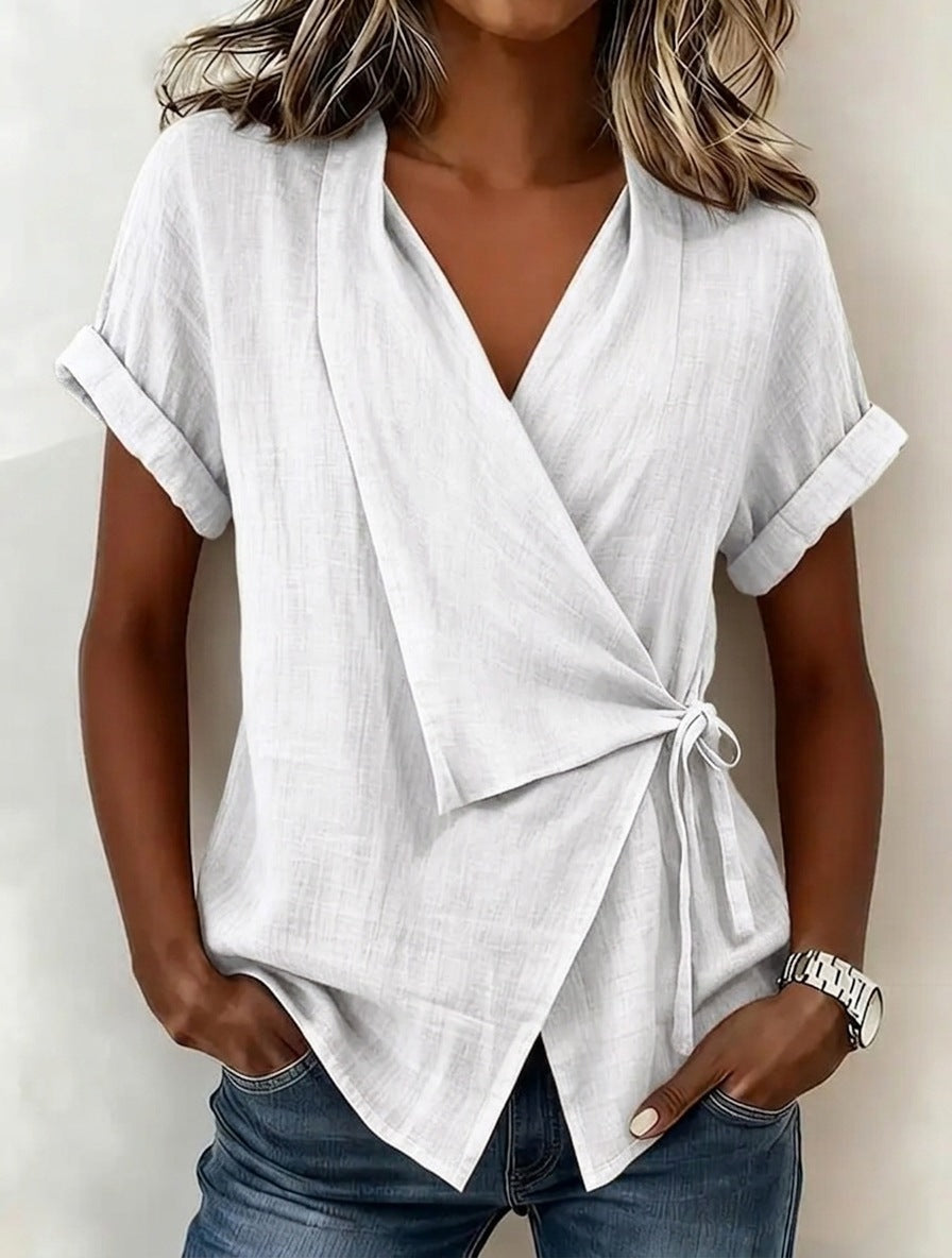 Wrap Tie Waist Linen Blend Short Sleeve V-Neck Blouse