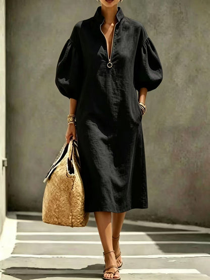 Stand Collar Half Zip Puff Sleeve Linen Blend Midi Dress, Loose Pocket Casual Vacation Long Dress