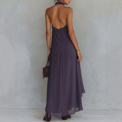 Robe maxi bohème brodée, à col licou et ourlet haut‑bas