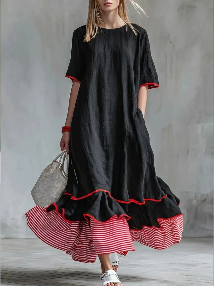 Linen Piping Stripe Ruffle Hem Loose Maxi Dress