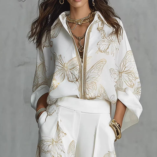 Ensemble deux pièces pantalon large taille haute, tenue de vacances élégante en satin de luxe