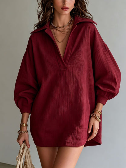 Robe Tunique Col V Texture Crinkle Femme Manches Longues Ample Décontractée Mini-Robe