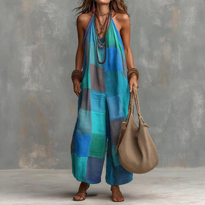 Boho Patchwork Halter Wide-Leg Jumpsuit