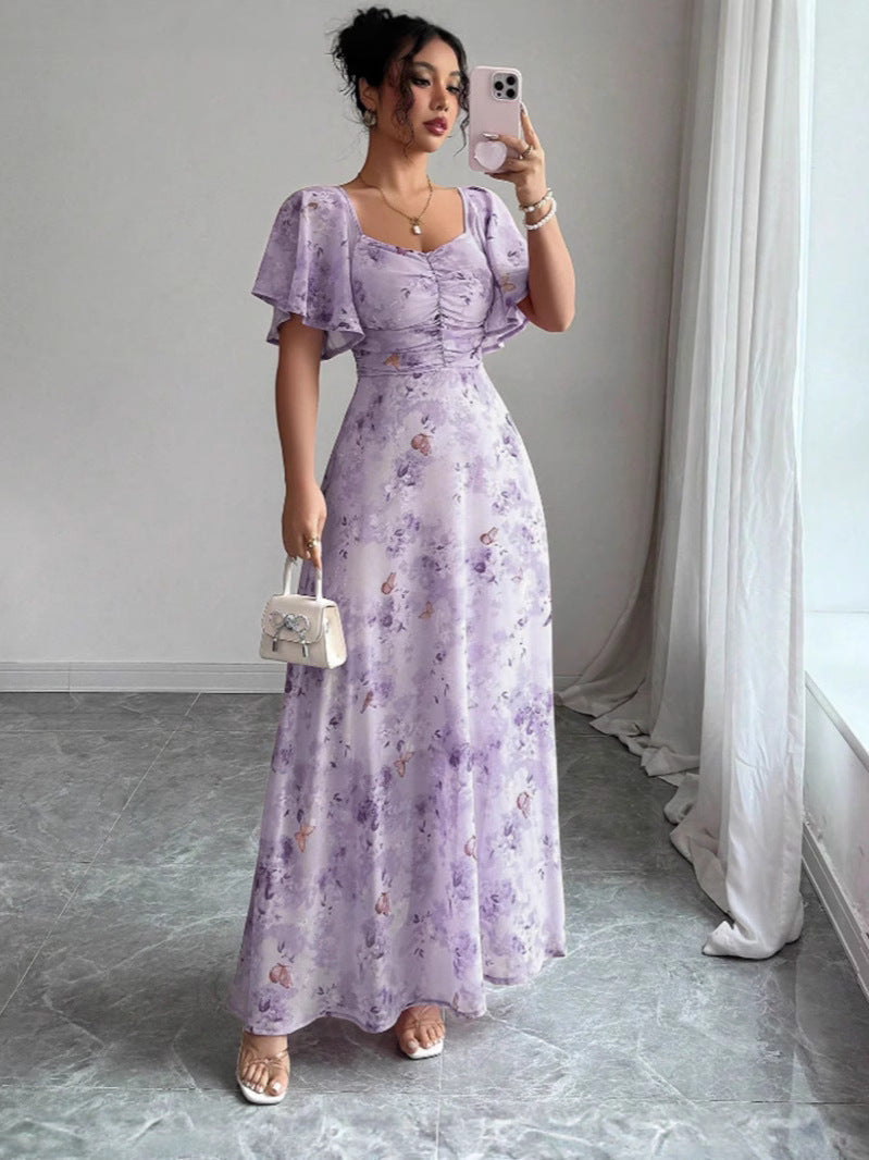 Floral Print Ruched Flutter Sleeve Maxi Dress