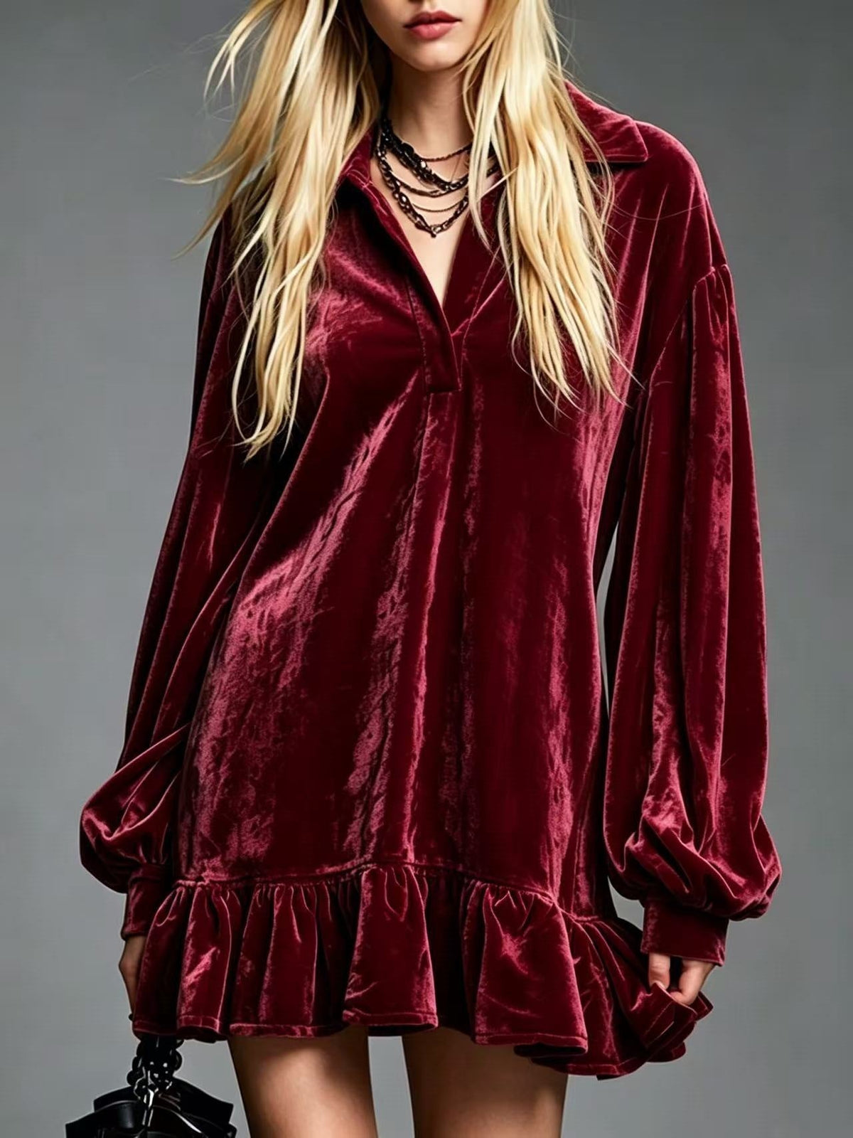 Velvet Ruffle Hem Mini Dress Women Lapel Long Sleeve Loose Casual Tunic Dress