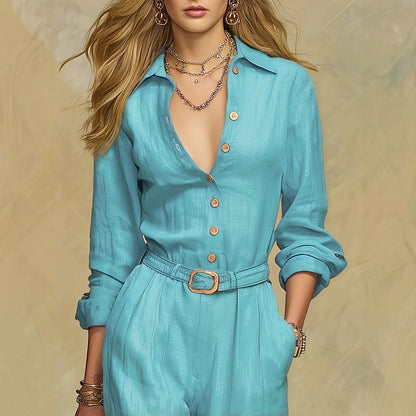 Classic Collared Belted Linen Blend Wide Leg Jumpsuit