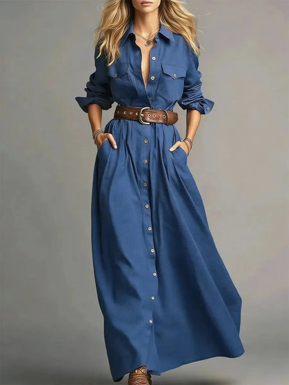 Robe longue boutonnée à col revers pour femme, à manches longues et coupe trapèze, avec poches