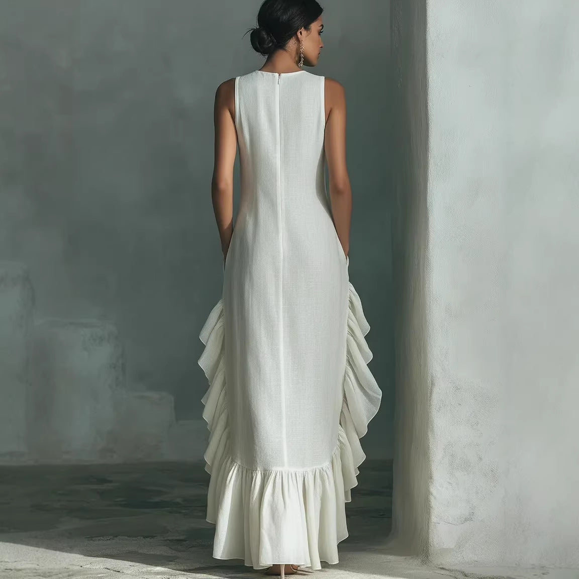Robe longue maxi en lin sans manches à volants