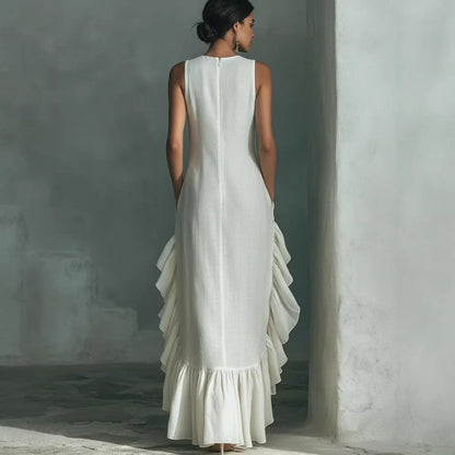 Robe longue maxi en lin sans manches à volants