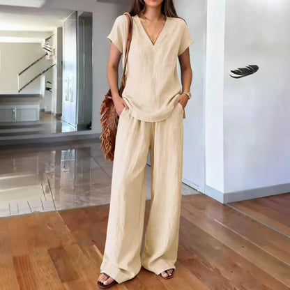 Linen V Neck Cap Sleeve Top & Elastic Waist Wide Leg Pants 2 Piece Co-Ord Set