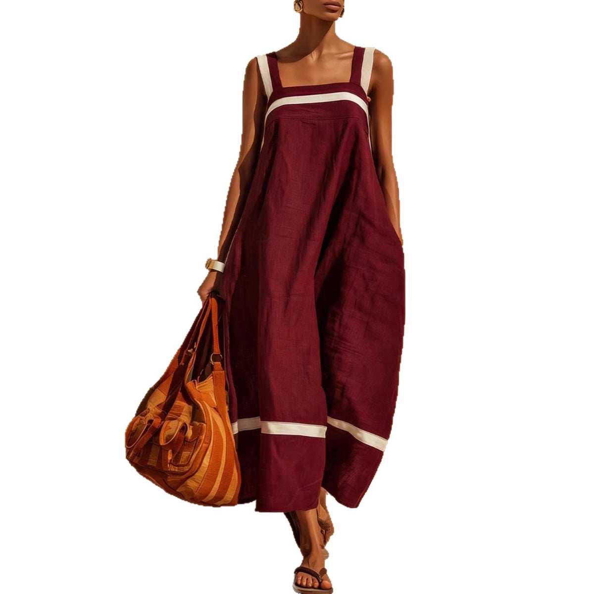 Linen Contrast White Stripe Square Neck Midi Skirt Set