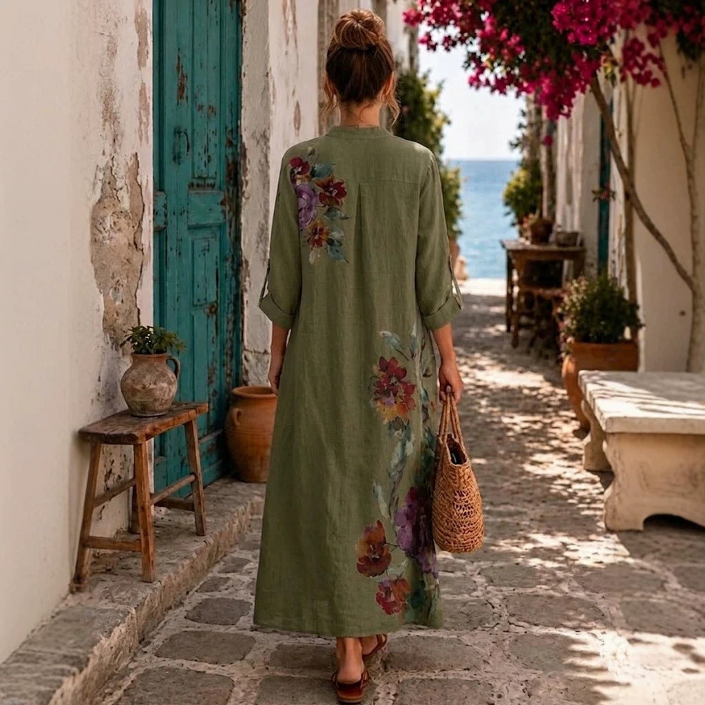 Floral Print Linen Button Down Maxi Dress