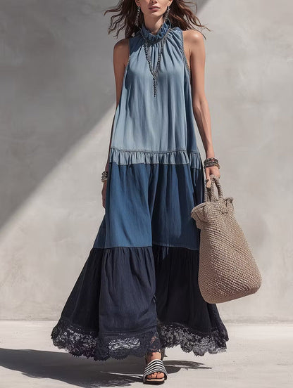 Color Block Tiered Chambray Lace Hem Maxi Dress