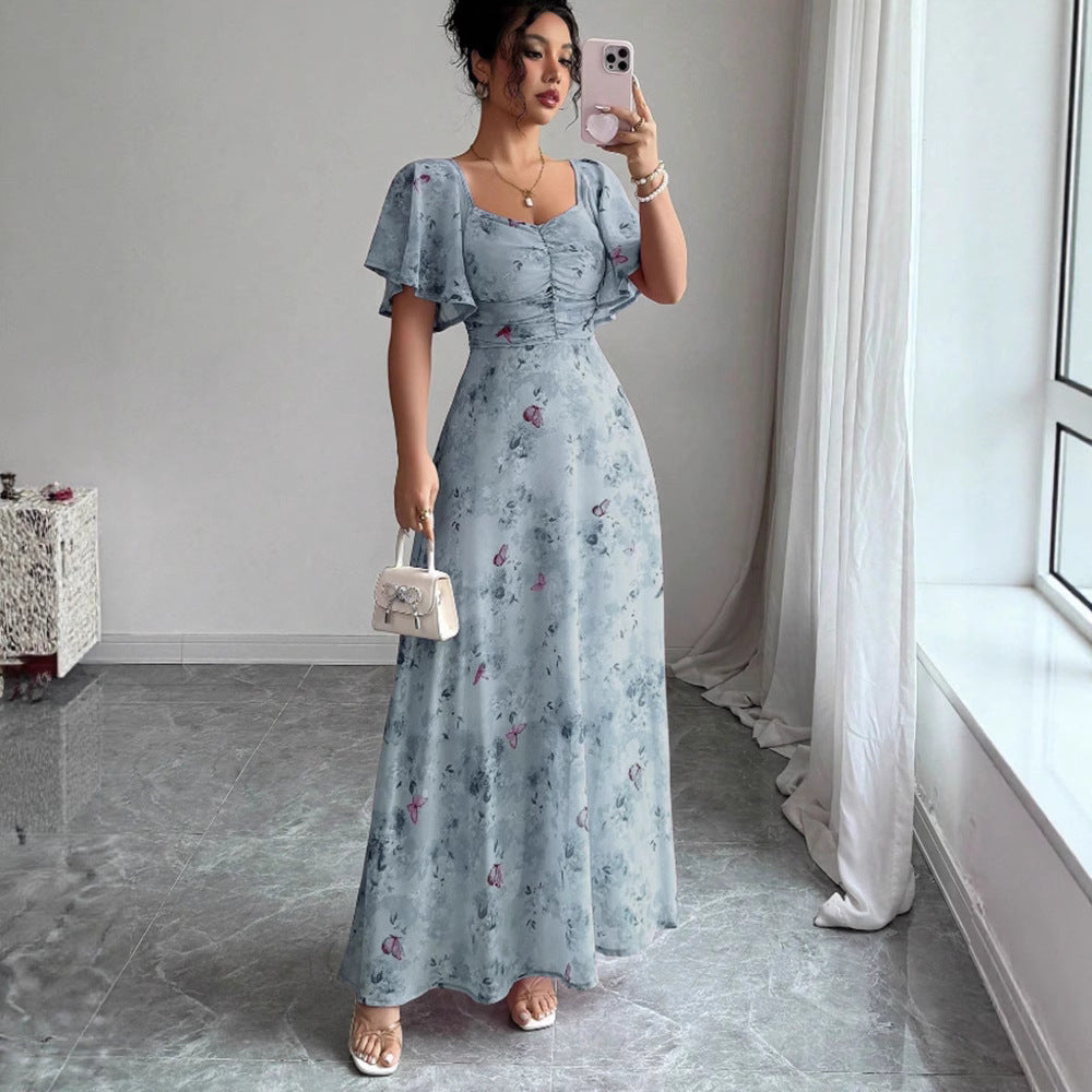 Floral Print Ruched Flutter Sleeve Maxi Dress