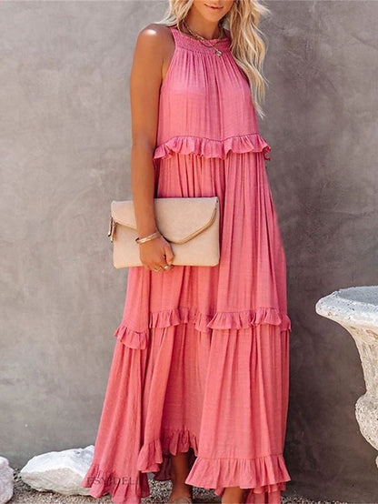 Halter Ruffle Tiered Flowy Maxi Dress