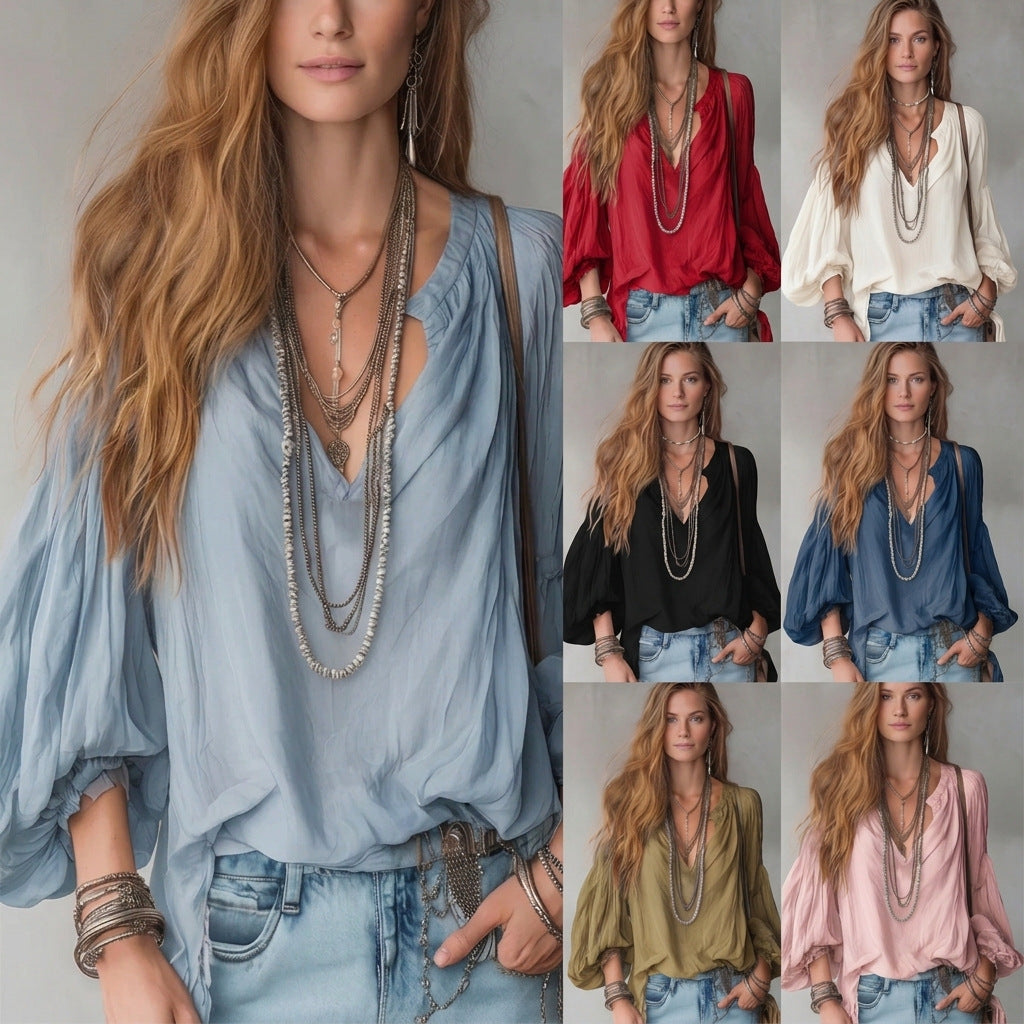 Split V-Neck Puff Long Sleeve Loose Textured Blouse