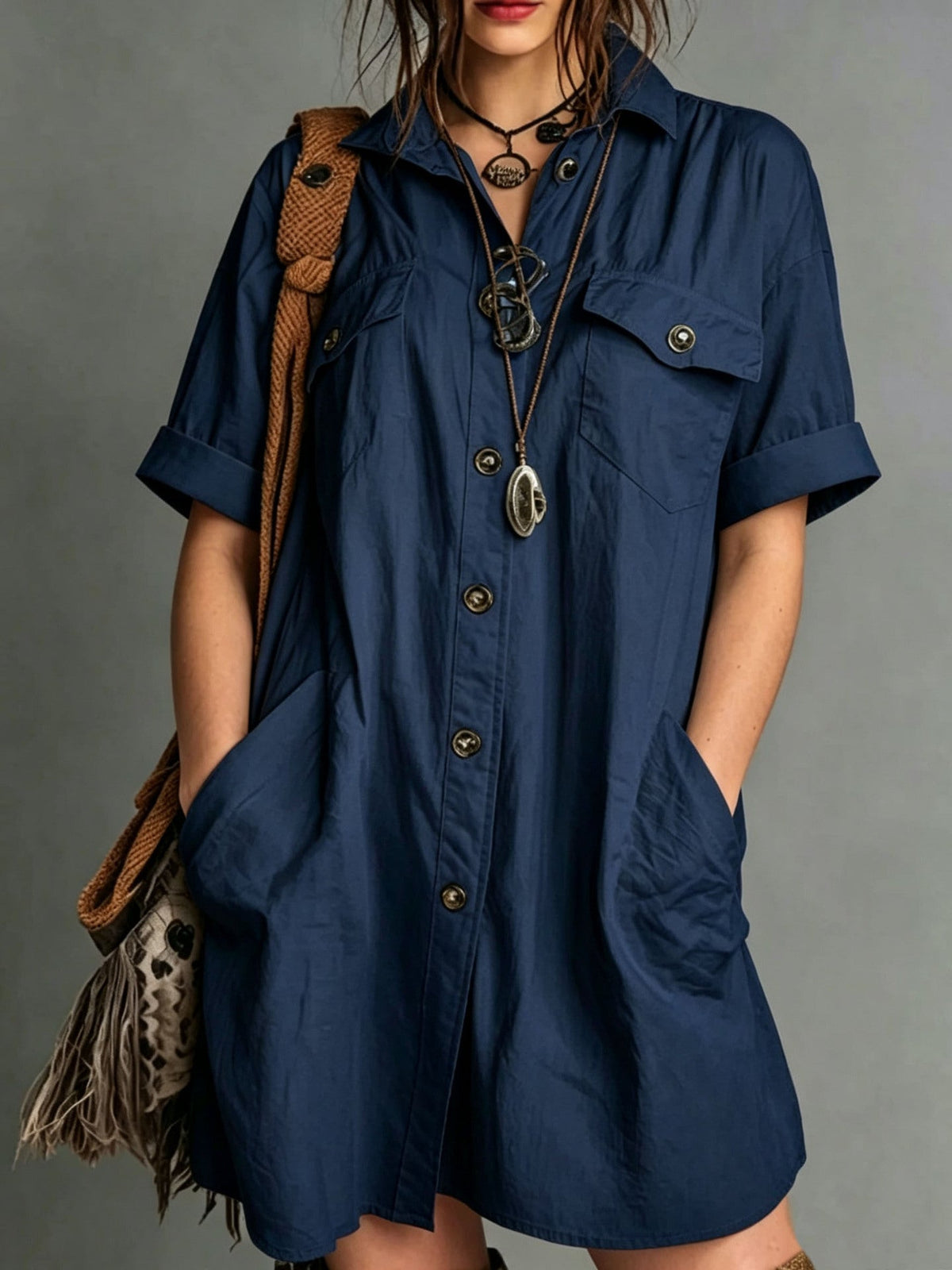 Oversized Short Sleeve Button Down Shirt Mini Dress with Pockets
