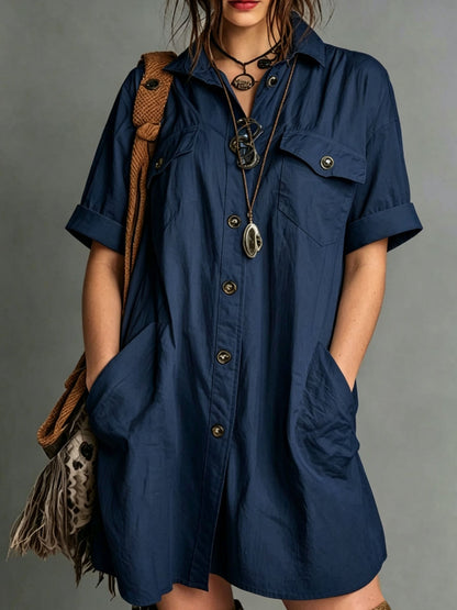 Oversized Short Sleeve Button Down Shirt Mini Dress with Pockets