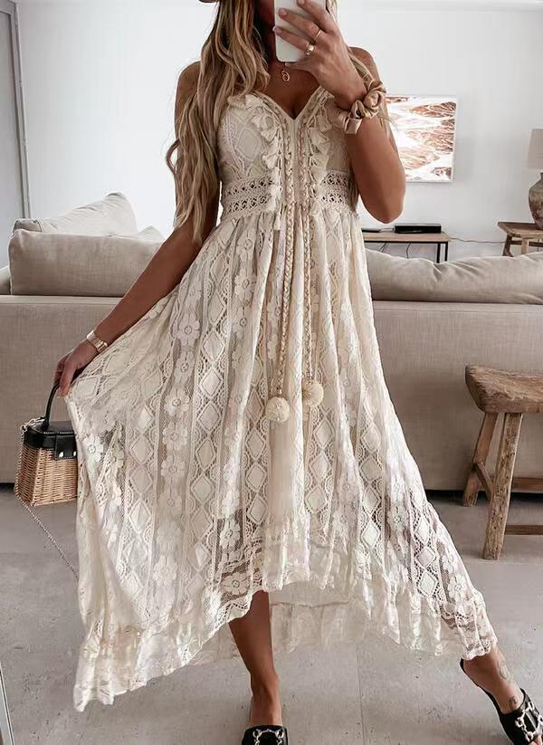 Scalloped Lace Spaghetti Strap High Low Flowy Maxi Dress