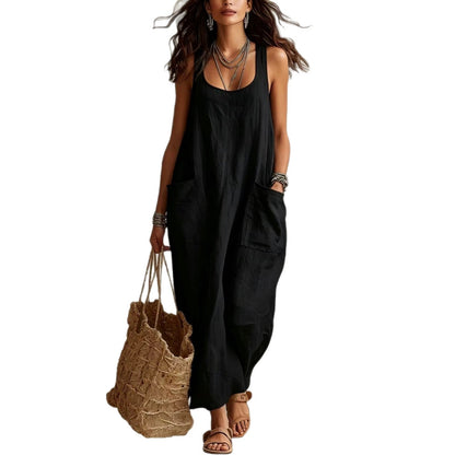 U-Neck Sleeveless Loose Pocket Maxi Dress, Casual Flowy Long Dress