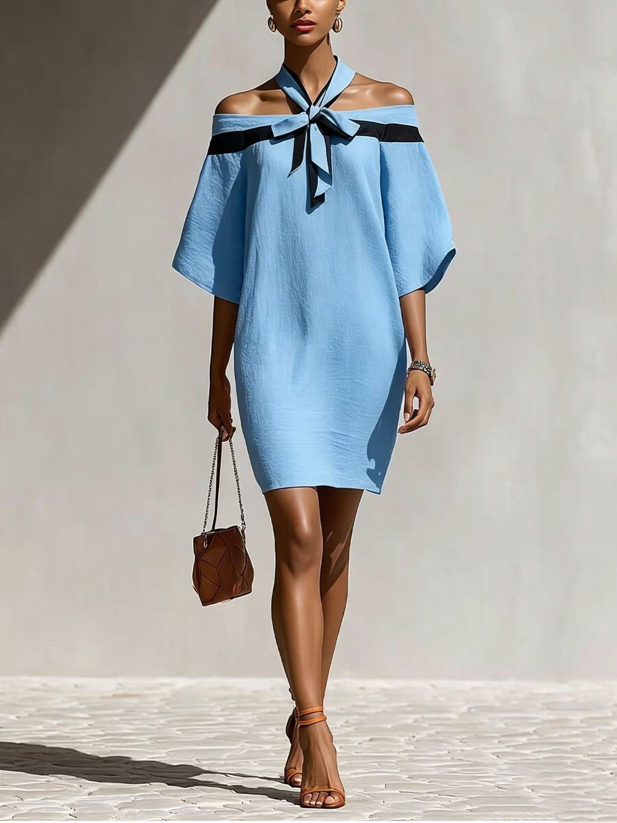 Contrast Halter Tie Off Shoulder Loose Mini Tunic Dress