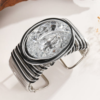 Large Wire Wrapped Crystal Bracelet Bangle with Aluminum Wire for Women Career Functions - Sliver