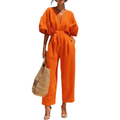 Women's Casual Linen Jumpsuit with Lantern Sleeves