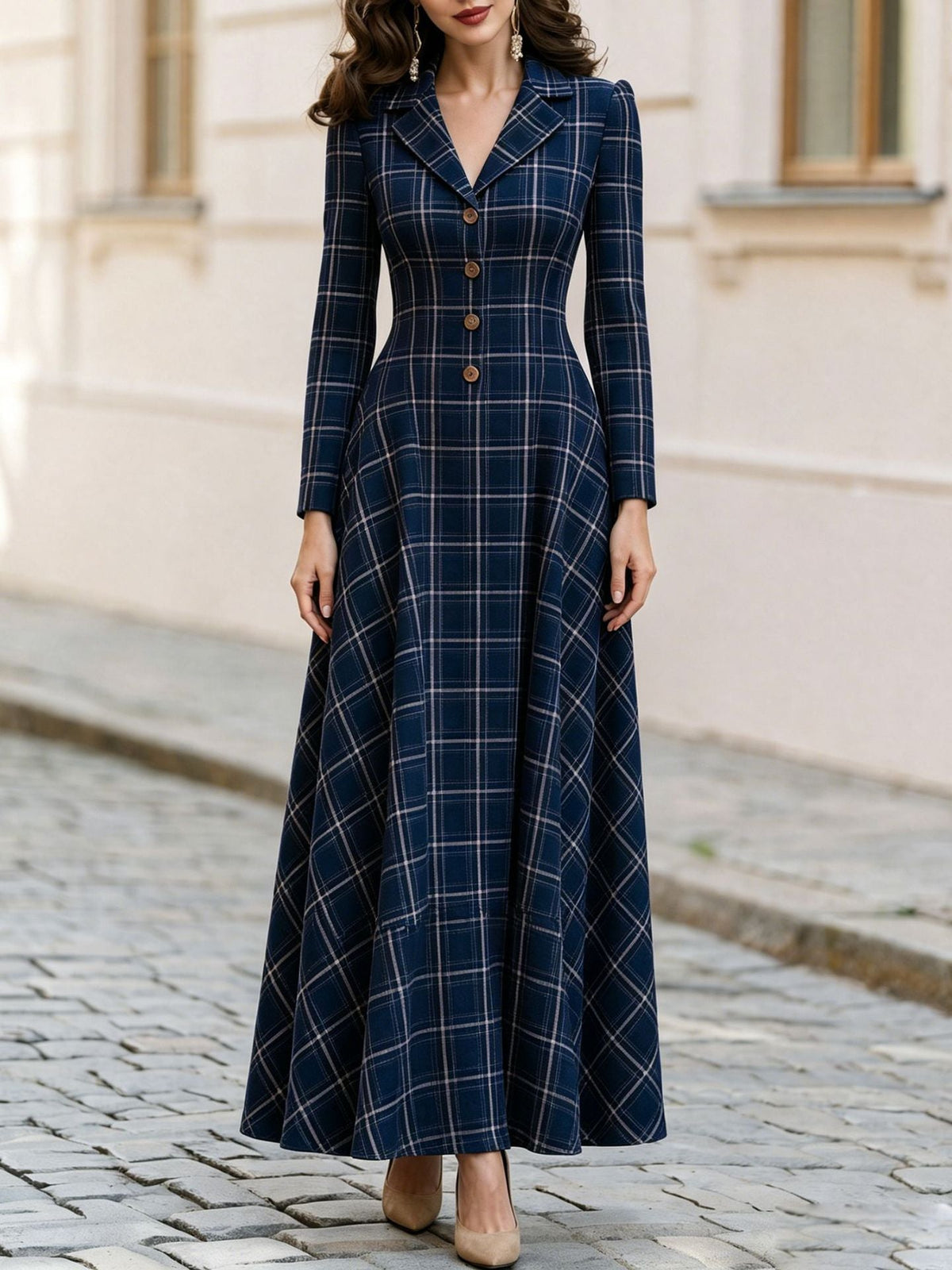 Classic Plaid Long Sleeve Maxi Dress