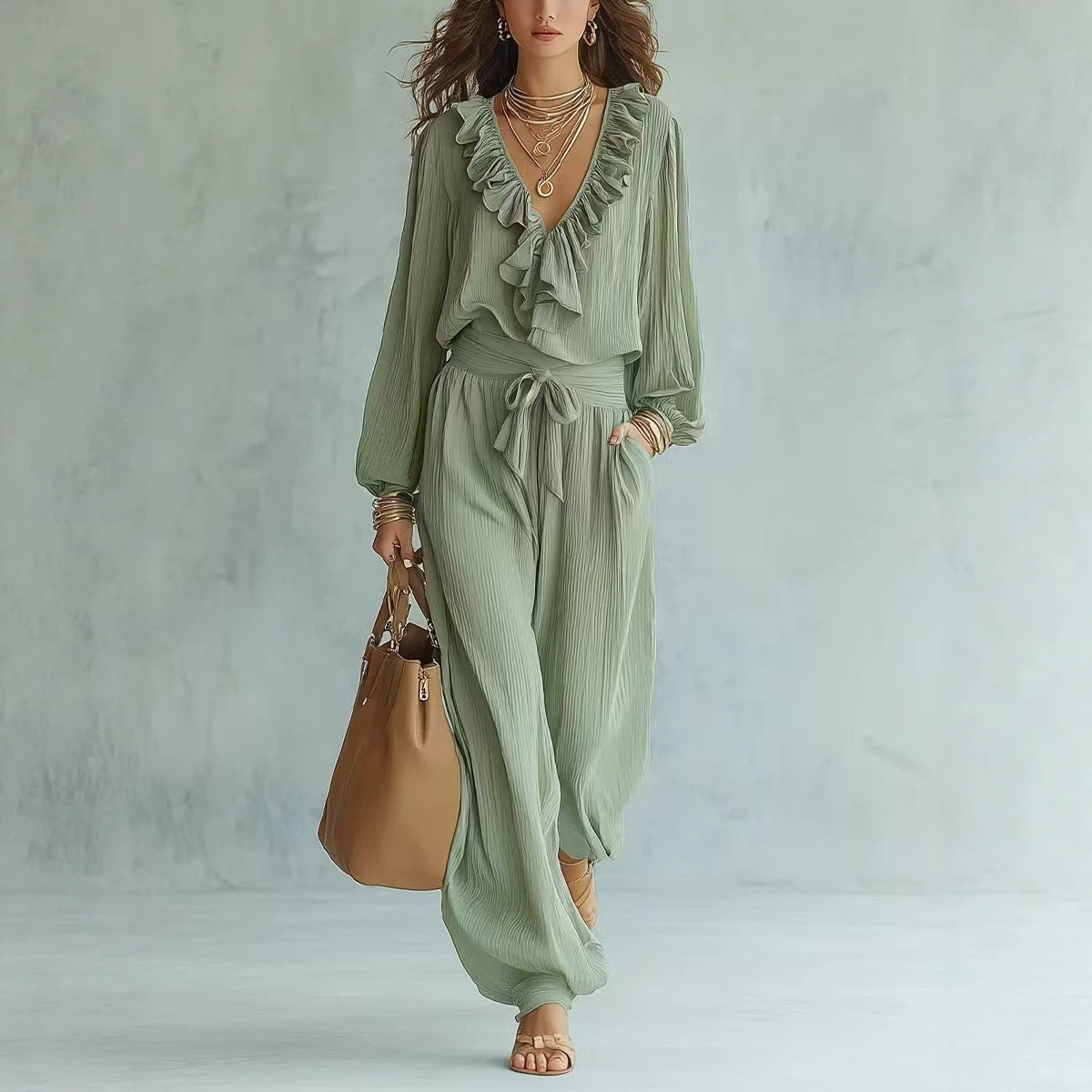 Ruffle V-Neck Long Sleeve Top & Tie Waist Wide Leg Pants Two Piece Set