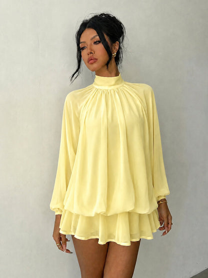 Mock Neck Long Sleeve Skort Dress Women Solid Ruffle Layer Hem Loose Casual Mini Dress