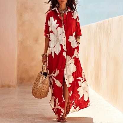 Robe longue fleurie décontractée à revers et boutons