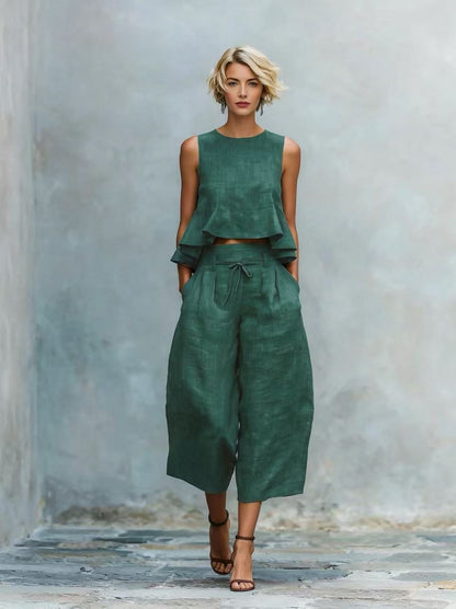 Linen Ruffle Crop Top Tie Waist Culotte Two Piece Set