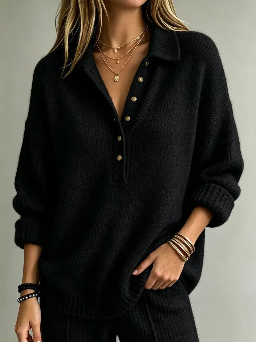 Pull Henley en maille à col lâche pour femme, manches longues, couleur unie, décontracté