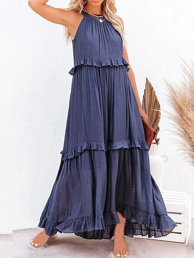 Halter Ruffle Tiered Flowy Maxi Dress