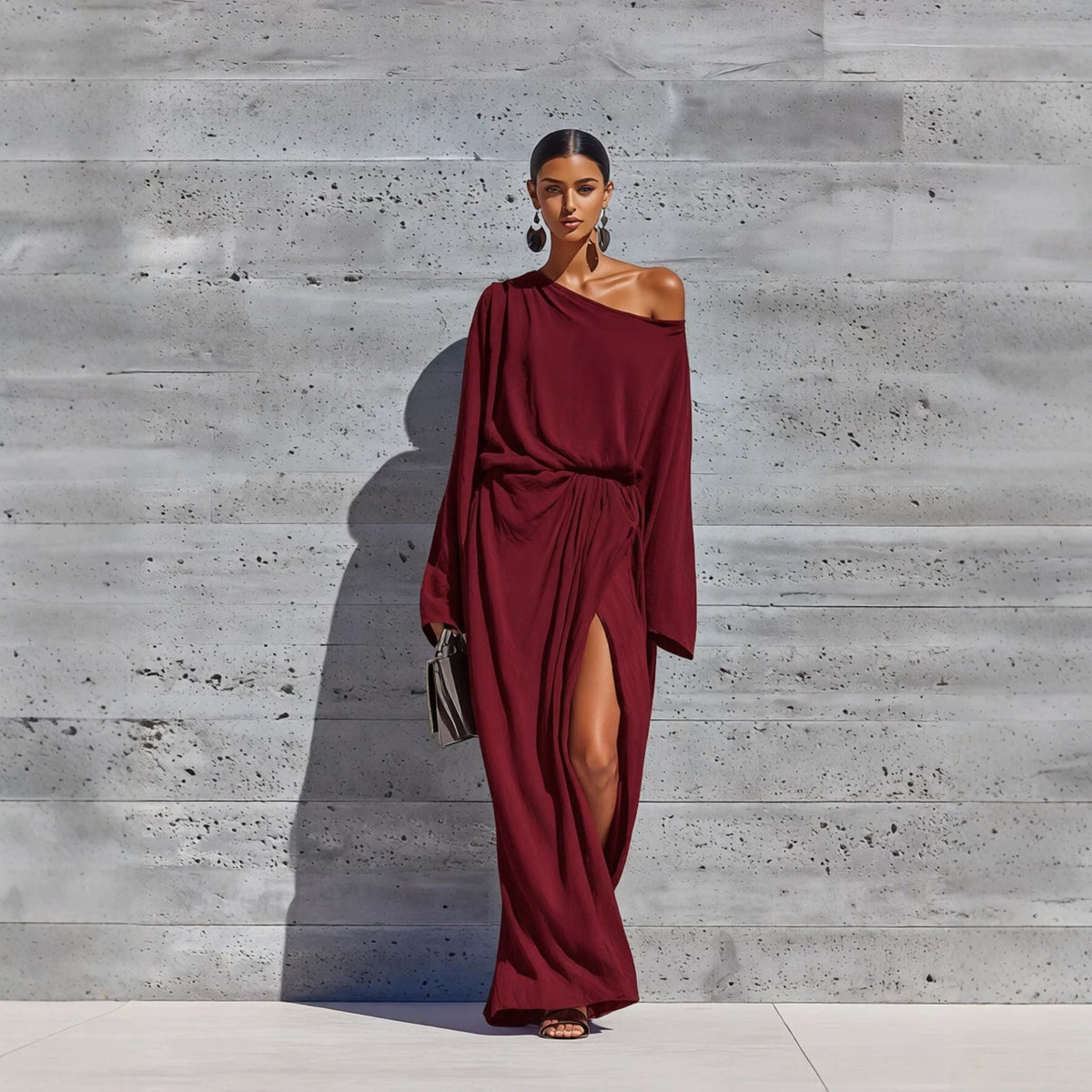 Vibrant Purple Off Shoulder Batwing Wrap Slit Maxi Dress